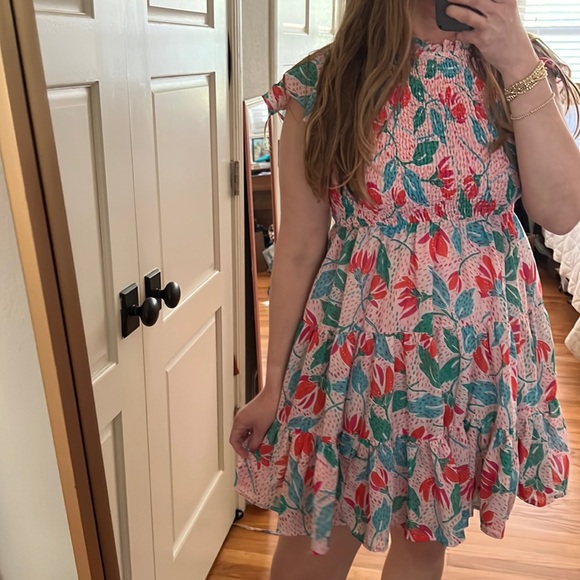 J. MARIE Floral Print Smocked Ruffle Tiered Mini Dress in Multicolor small - Picture 5 of 16